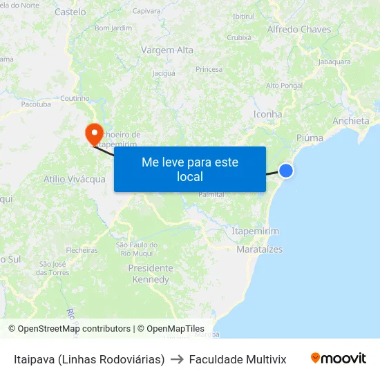 Itaipava (Linhas Rodoviárias) to Faculdade Multivix map