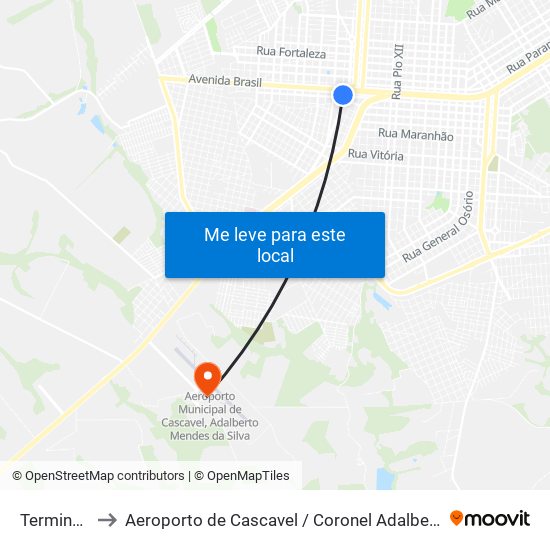 Terminal Urbano Oeste to Aeroporto de Cascavel / Coronel Adalberto Mendes da Silva (CAC) (Aeroporto de Cascavel / Coronel Ad map