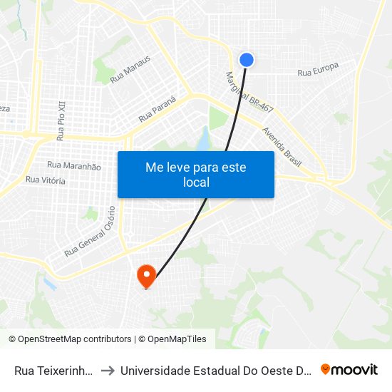 Rua Teixerinha, 87 to Universidade Estadual Do Oeste Do Paraná map