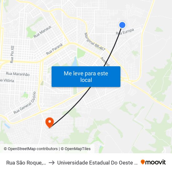 Rua São Roque, 1777 to Universidade Estadual Do Oeste Do Paraná map