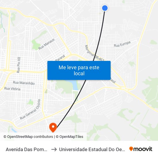 Avenida Das Pombas, 1583 to Universidade Estadual Do Oeste Do Paraná map