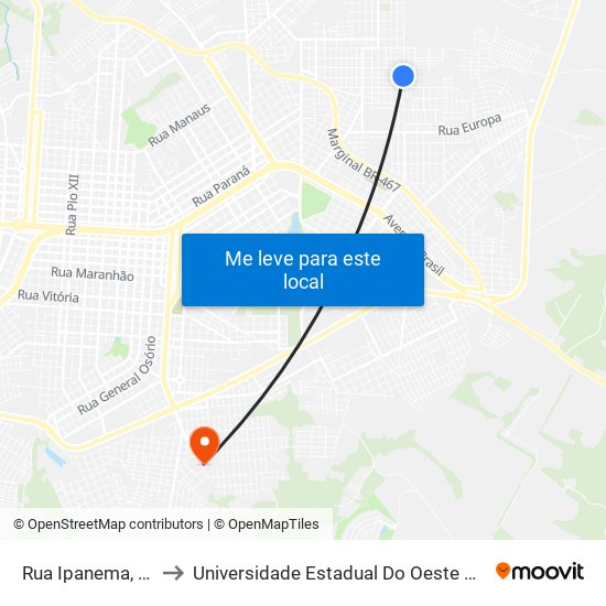 Rua Ipanema, 1708 to Universidade Estadual Do Oeste Do Paraná map
