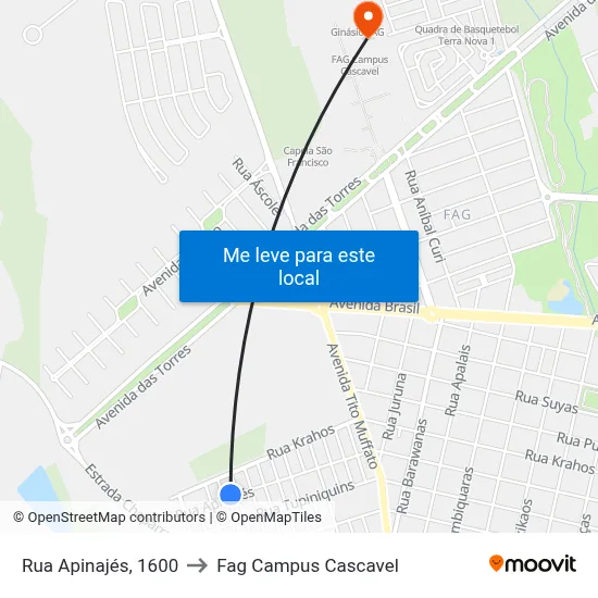 Rua Apinajés, 1600 to Fag Campus Cascavel map