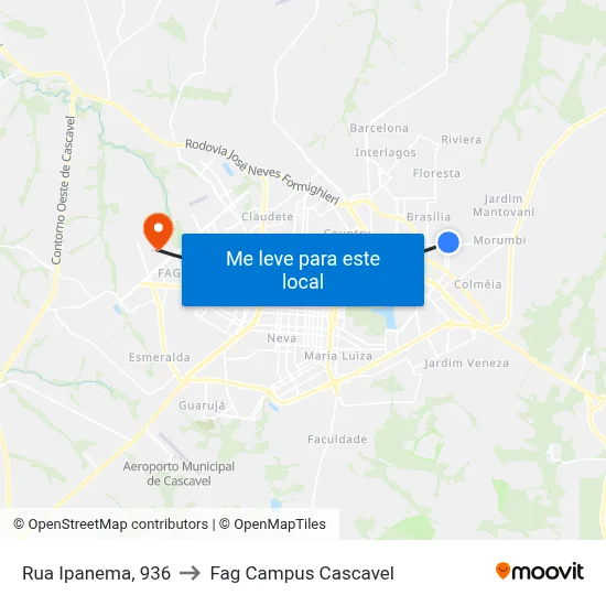 Rua Ipanema, 936 to Fag Campus Cascavel map