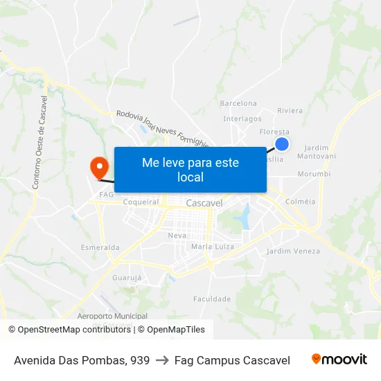 Avenida Das Pombas, 939 to Fag Campus Cascavel map