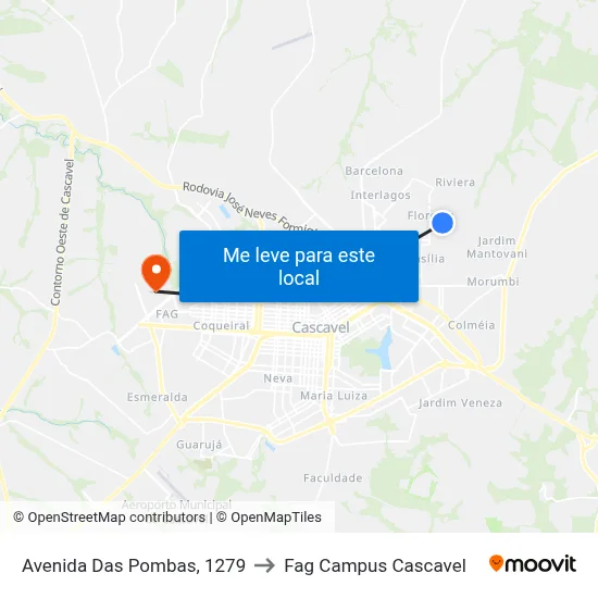 Avenida Das Pombas, 1279 to Fag Campus Cascavel map