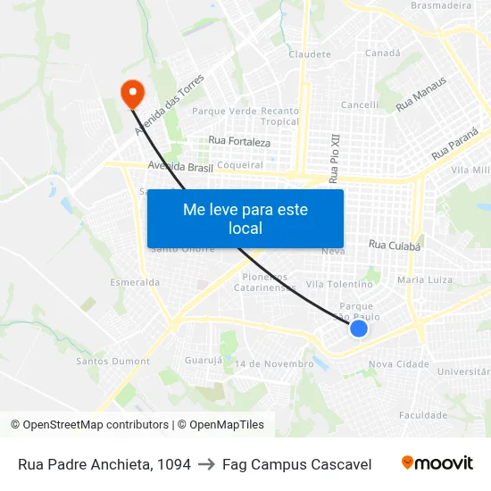 Rua Padre Anchieta, 1094 to Fag Campus Cascavel map
