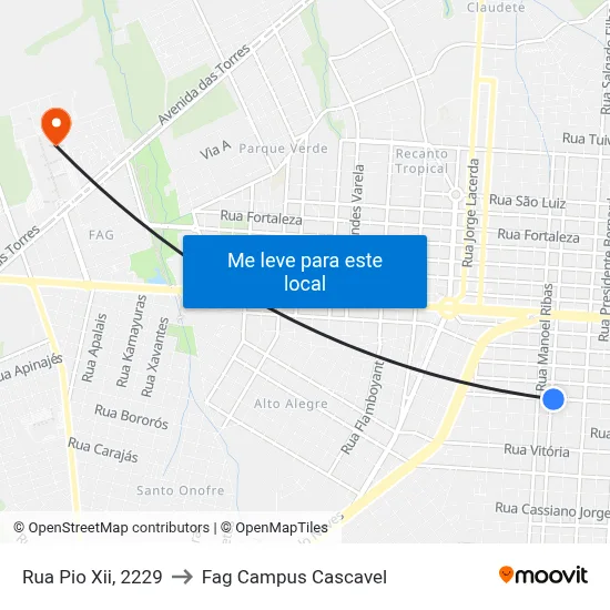 Rua Pio Xii, 2229 to Fag Campus Cascavel map