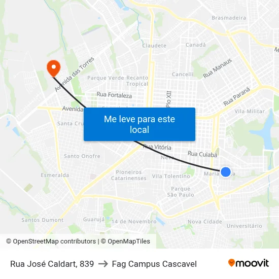 Rua José Caldart, 839 to Fag Campus Cascavel map