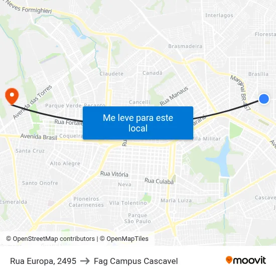 Rua Europa, 2495 to Fag Campus Cascavel map