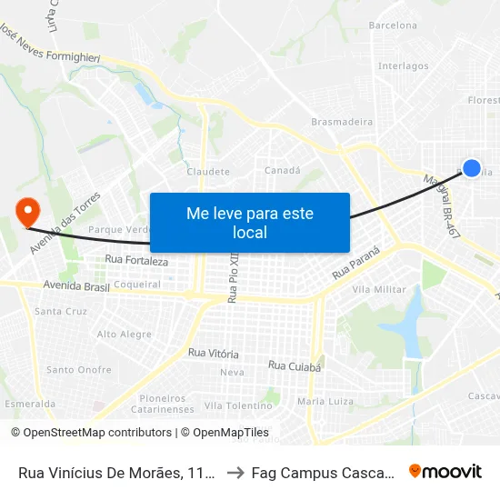Rua Vinícius De Morães, 1157 to Fag Campus Cascavel map