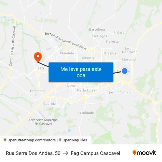 Rua Serra Dos Andes, 50 to Fag Campus Cascavel map