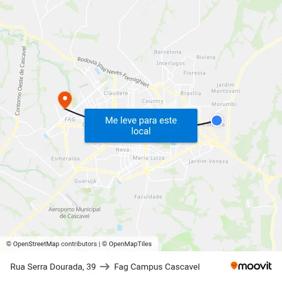 Rua Serra Dourada, 39 to Fag Campus Cascavel map