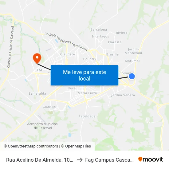 Rua Acelino De Almeida, 1050 to Fag Campus Cascavel map