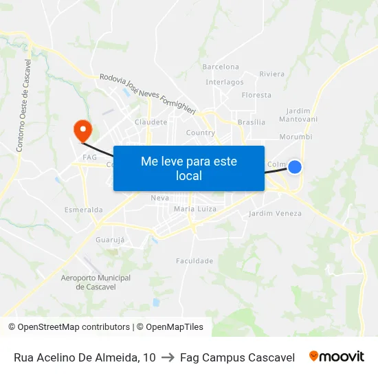 Rua Acelino De Almeida, 10 to Fag Campus Cascavel map