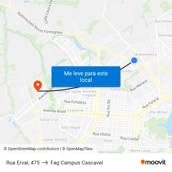 Rua Erval, 475 to Fag Campus Cascavel map