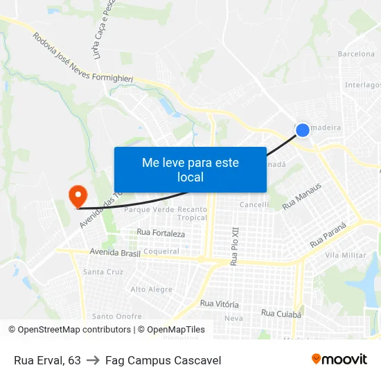 Rua Erval, 63 to Fag Campus Cascavel map