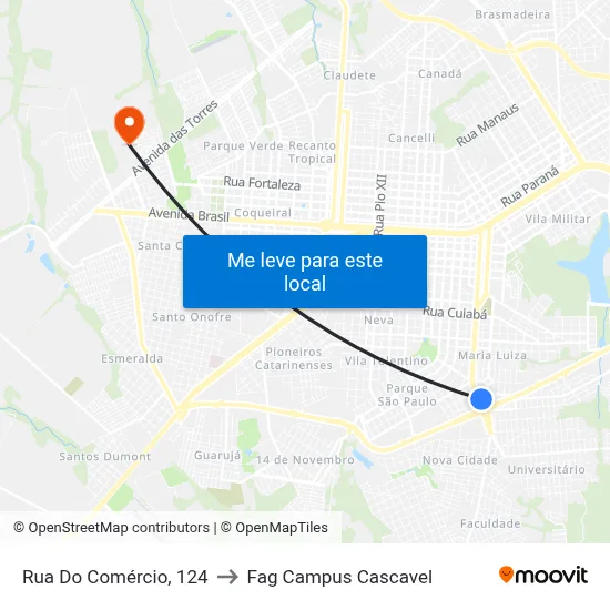 Rua Do Comércio, 124 to Fag Campus Cascavel map