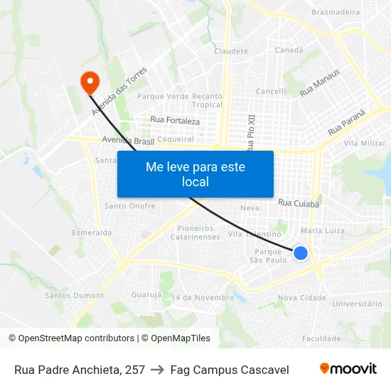 Rua Padre Anchieta, 257 to Fag Campus Cascavel map