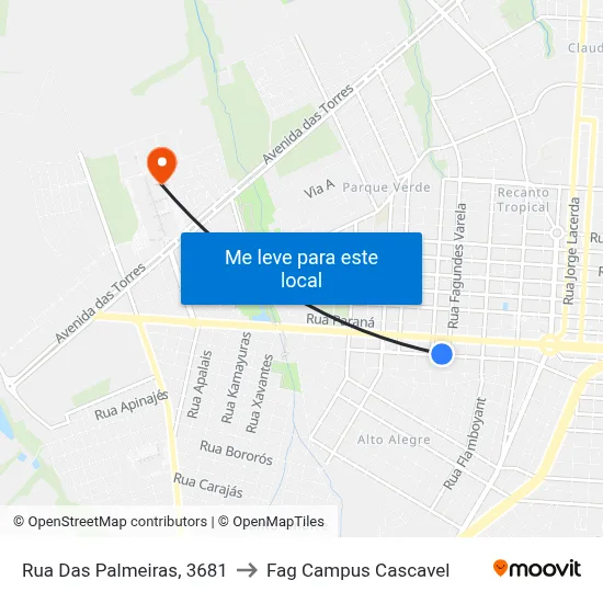Rua Das Palmeiras, 3681 to Fag Campus Cascavel map
