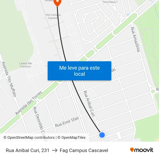 Rua Aníbal Curi, 231 to Fag Campus Cascavel map