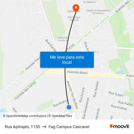 Rua Apinajés, 1150 to Fag Campus Cascavel map