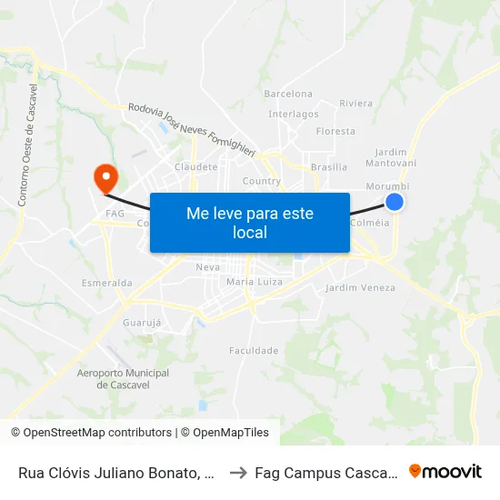 Rua Clóvis Juliano Bonato, 105 to Fag Campus Cascavel map