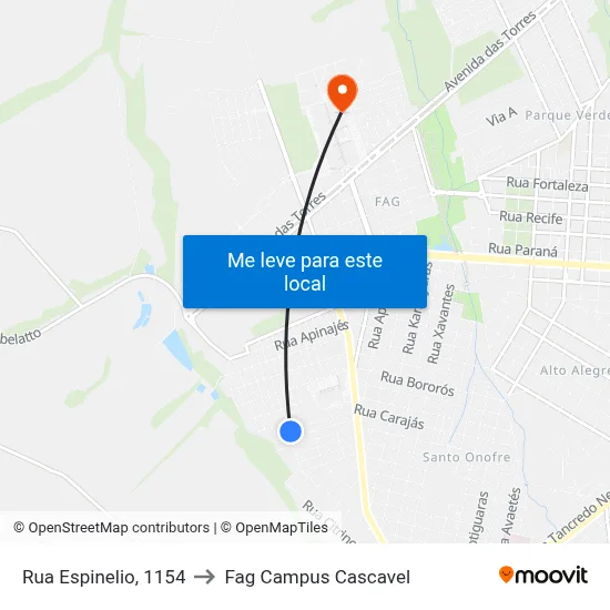 Rua Espinelio, 1154 to Fag Campus Cascavel map