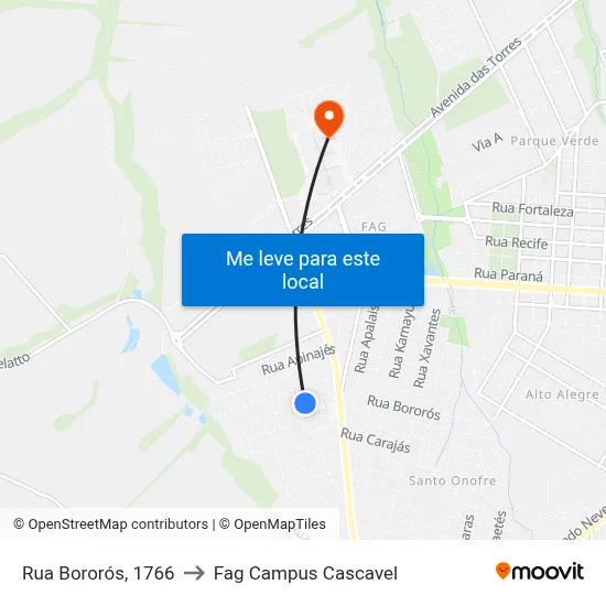 Rua Bororós, 1766 to Fag Campus Cascavel map