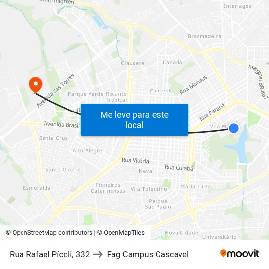 Rua Rafael Pícoli, 332 to Fag Campus Cascavel map