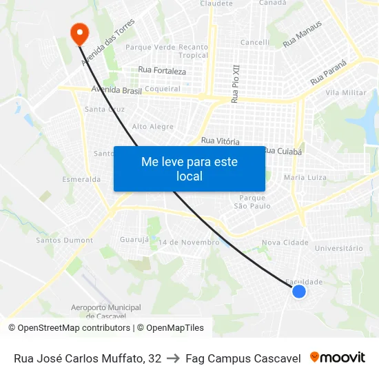 Rua José Carlos Muffato, 32 to Fag Campus Cascavel map