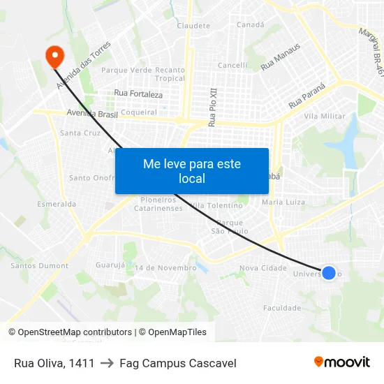 Rua Oliva, 1411 to Fag Campus Cascavel map