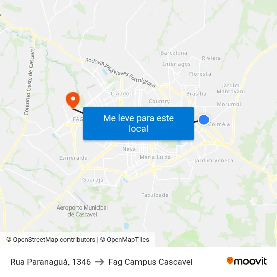 Rua Paranaguá, 1346 to Fag Campus Cascavel map
