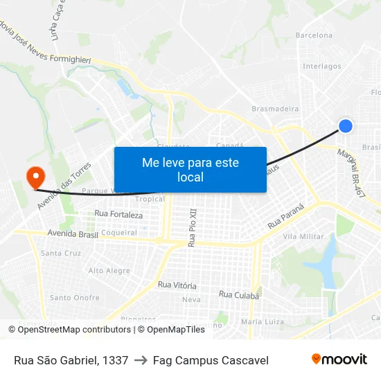 Rua São Gabriel, 1337 to Fag Campus Cascavel map