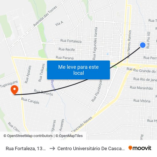 Rua Fortaleza, 1354 to Centro Universitário De Cascavel map