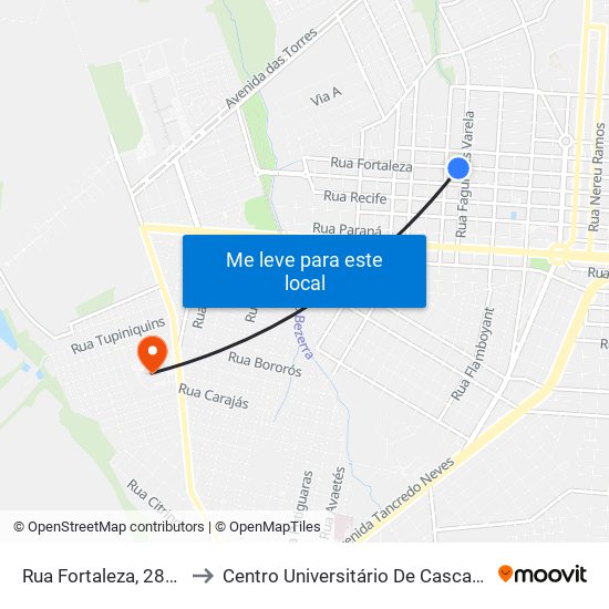 Rua Fortaleza, 2816 to Centro Universitário De Cascavel map