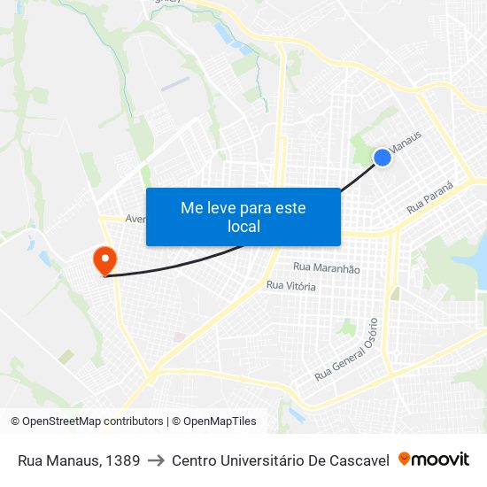 Rua Manaus, 1389 to Centro Universitário De Cascavel map