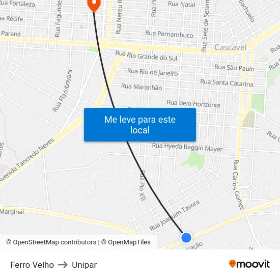 Ferro Velho to Unipar map