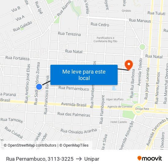 Rua Pernambuco, 3113-3225 to Unipar map