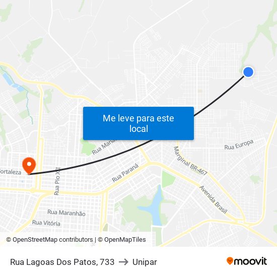 Rua Lagoas Dos Patos, 733 to Unipar map