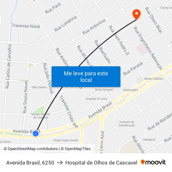 Avenida Brasil, 6250 to Hospital de Olhos de Cascavel map