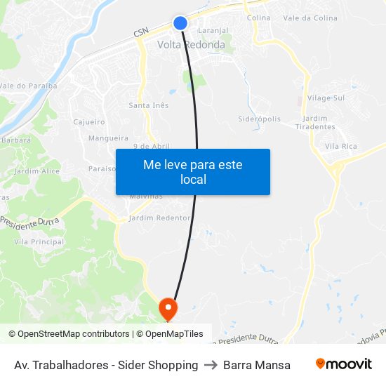 Av. Trabalhadores - Sider Shopping to Barra Mansa map