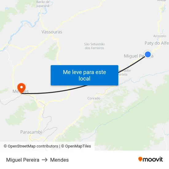 Miguel Pereira to Mendes map
