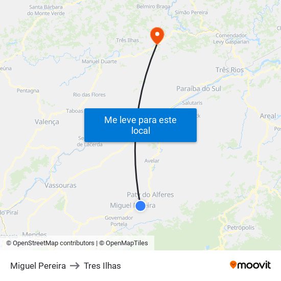 Miguel Pereira to Tres Ilhas map