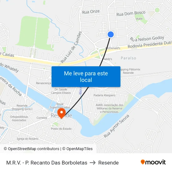 M.R.V. - P. Recanto Das Borboletas to Resende map