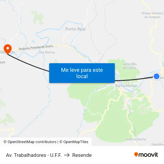 Av. Trabalhadores - U.F.F., Volta Redonda to Resende map
