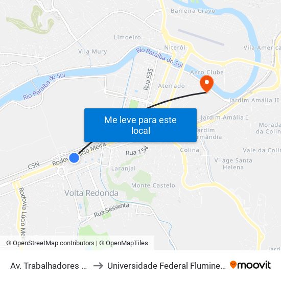 Av. Trabalhadores - Sider Shopping to Universidade Federal Fluminense - Campus Aterrado map