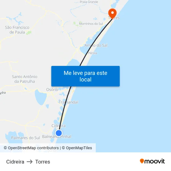 Cidreira to Torres map