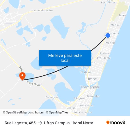 Rua Lagosta, 485 to Ufrgs Campus Litoral Norte map