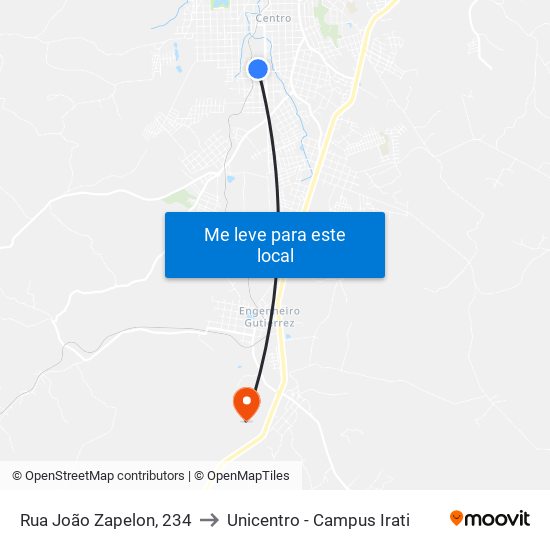 Rua João Zapelon, 234 to Unicentro - Campus Irati map